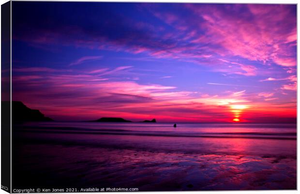 Rhossili Sunset Canvas Print by Ken Jones