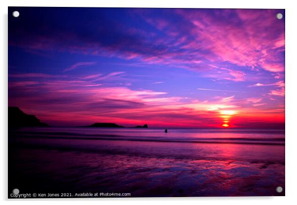 Rhossili Sunset Acrylic by Ken Jones