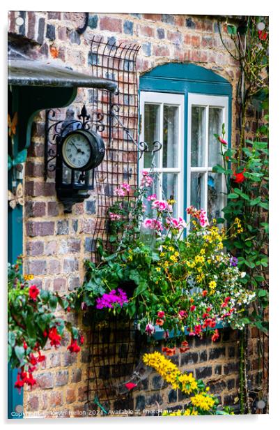 Flowers and a clock outside an English country cottage  Acrylic by Kevin Hellon