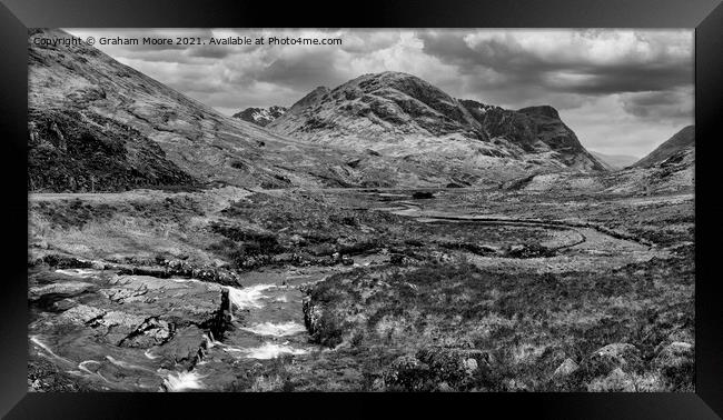 Glencoe panorama monochrome Framed Print by Graham Moore