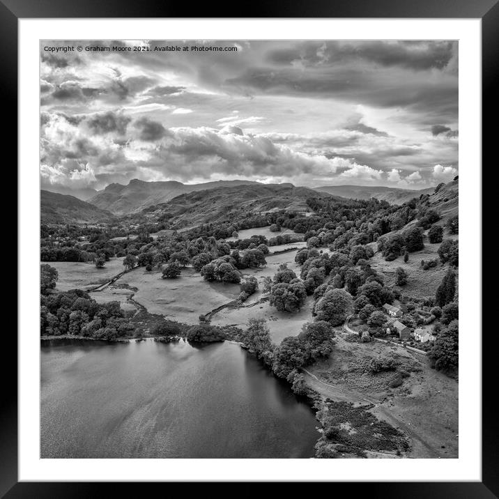 Loughrigg Tarn looking west towards the Langdale Pikes monochrom Framed Mounted Print by Graham Moore
