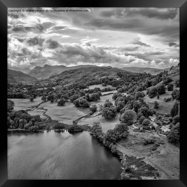 Loughrigg Tarn looking west towards the Langdale Pikes monochrom Framed Print by Graham Moore