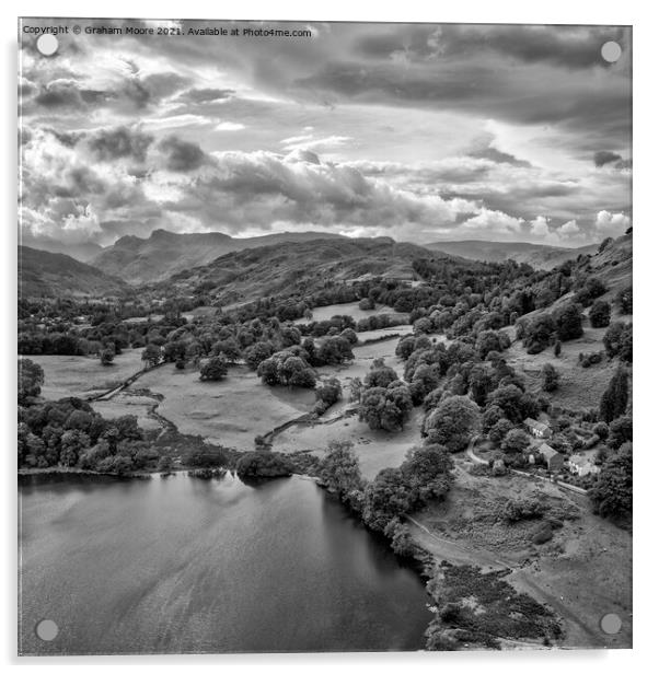 Loughrigg Tarn looking west towards the Langdale Pikes monochrom Acrylic by Graham Moore