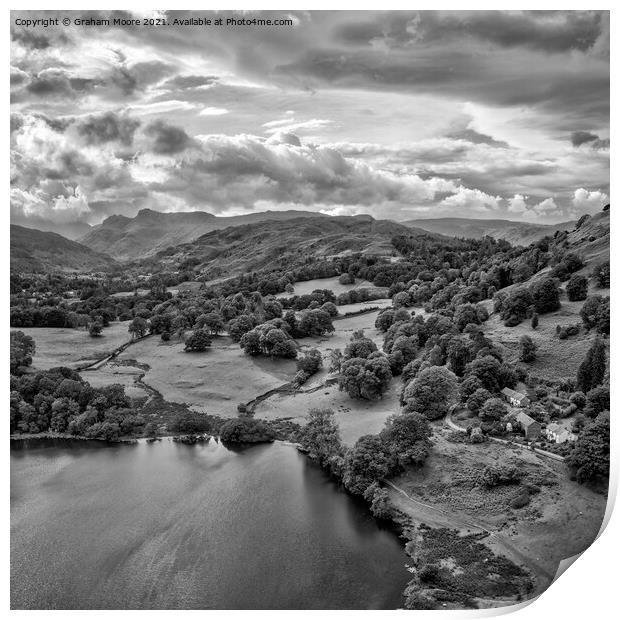 Loughrigg Tarn looking west towards the Langdale Pikes monochrom Print by Graham Moore