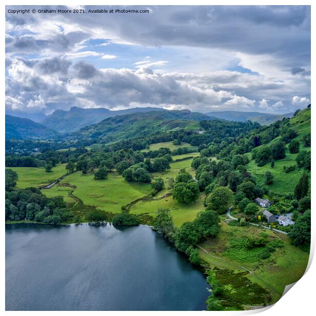 Loughrigg Tarn looking west towards the Langdale Pikes Print by Graham Moore