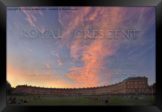 A blended sign of the Royal Crescent against the sun set Framed Print by Duncan Savidge