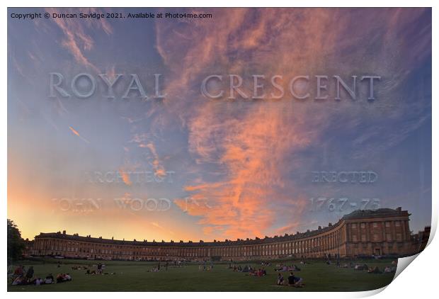 A blended sign of the Royal Crescent against the sun set Print by Duncan Savidge