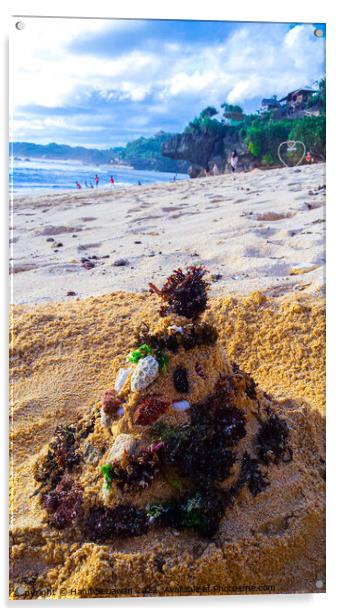 Santa Claus built from sand seaweed and stones at a sand beach 2b Acrylic by Hanif Setiawan