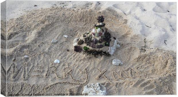 Merry Xmas greetings with Santa Claus on sand beach 1 Canvas Print by Hanif Setiawan