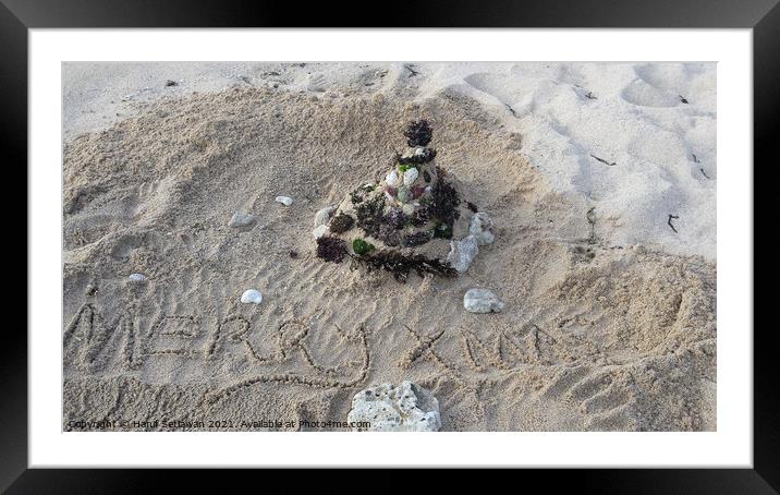 Merry Xmas greetings with Santa Claus on sand beach 1 Framed Mounted Print by Hanif Setiawan