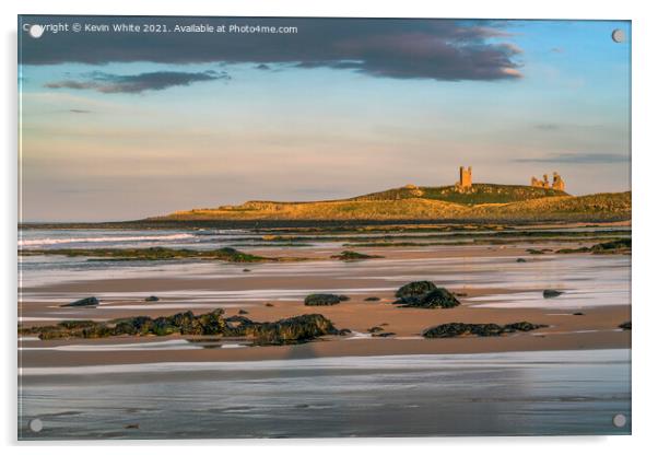Sunsetting over Dunstanburgh castle on Embleton beach Acrylic by Kevin White