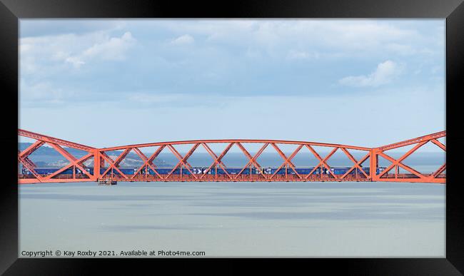 ScotRail train crossing Forth Rail Bridge, Scotland Framed Print by Kay Roxby