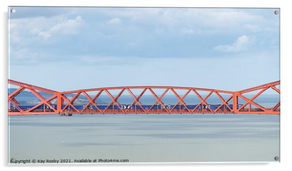 ScotRail train crossing Forth Rail Bridge, Scotland Acrylic by Kay Roxby