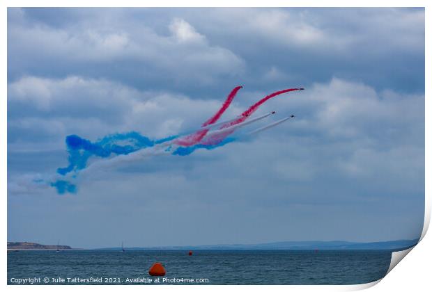 Red Arrows display over Bournemouth sea Print by Julie Tattersfield