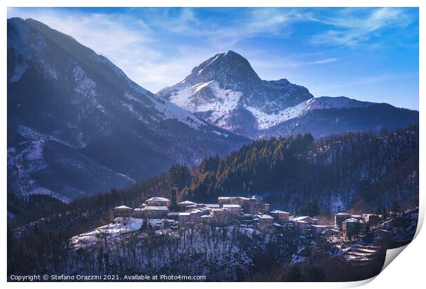Snowy village and Apuan mountains in winter. Print by Stefano Orazzini