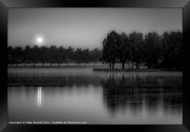 Misty sunrise Lakeside Doncaster. Framed Print by Giles Rocholl