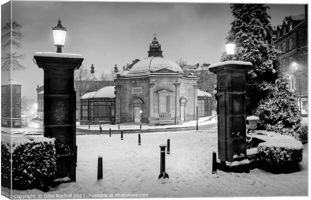 Harrogate Pump Room and snow Canvas Print by Giles Rocholl