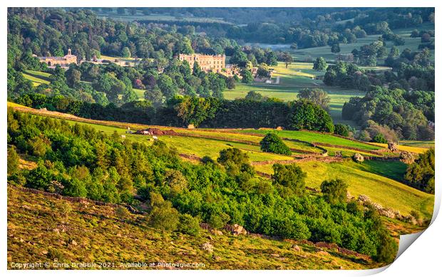 Chatsworth House from Curbar Edge Print by Chris Drabble
