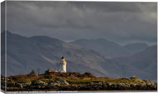 Dark clouds over Isleornsay Lighthouse Canvas Print by Chris Drabble