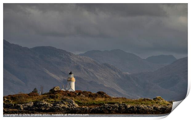 Dark clouds over Isleornsay Lighthouse Print by Chris Drabble