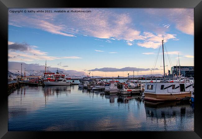Old Harbour in winter in Reykjavik Iceland Framed Print by kathy white
