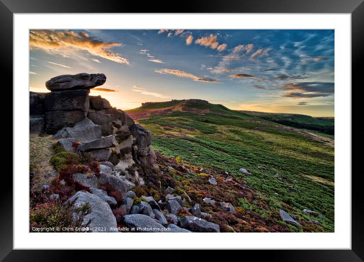 Higger Tor from Carl Wark at sunset Framed Mounted Print by Chris Drabble