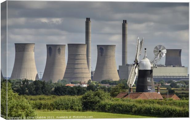 Leverton Windmill and West Burton power station Canvas Print by Chris Drabble