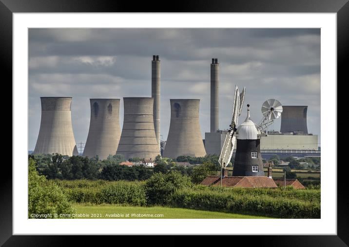 Leverton Windmill and West Burton power station Framed Mounted Print by Chris Drabble