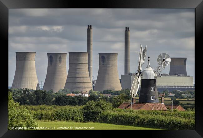 Leverton Windmill and West Burton power station Framed Print by Chris Drabble