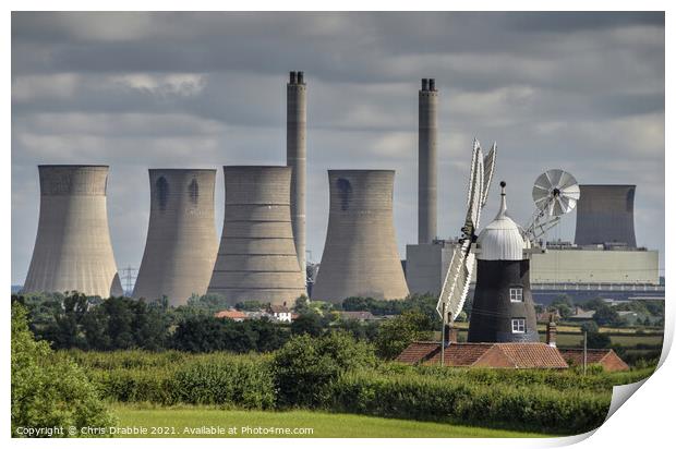 Leverton Windmill and West Burton power station Print by Chris Drabble
