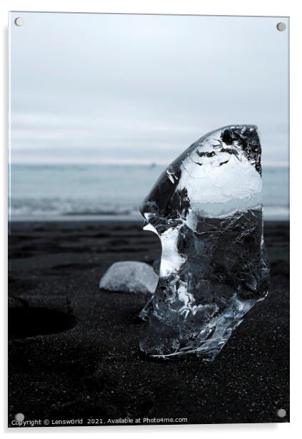 Clear piece of glacial ice on black sand Acrylic by Lensw0rld 
