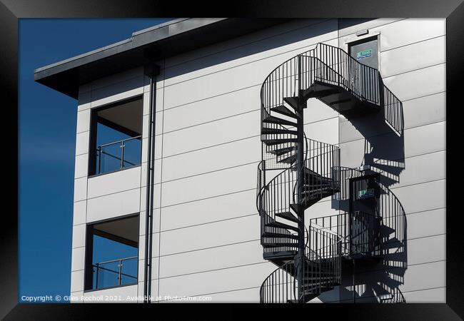 Abstract spiral stairs silver Framed Print by Giles Rocholl