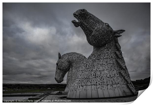 Storm clouds over the Kelpies Print by Richard Perks