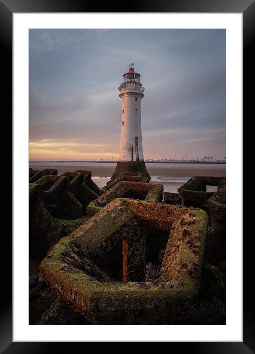 The Lighthouse and the Breakwaters, New Brighton Framed Mounted Print by Liam Neon