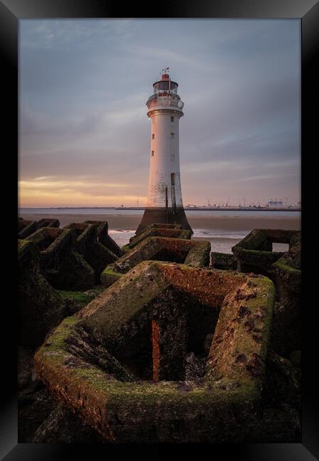 The Lighthouse and the Breakwaters, New Brighton Framed Print by Liam Neon