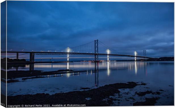 Forth Road bridges from the banks of South Queensf Canvas Print by Richard Perks