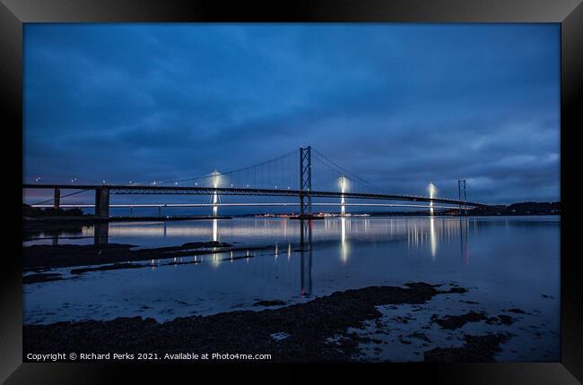 Forth Road bridges from the banks of South Queensf Framed Print by Richard Perks