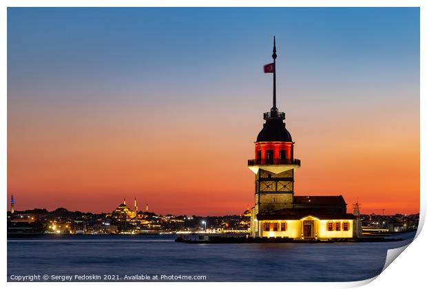 Sunset over Bosphorus with famous Maiden's Tower. Istanbul, Turkey Print by Sergey Fedoskin