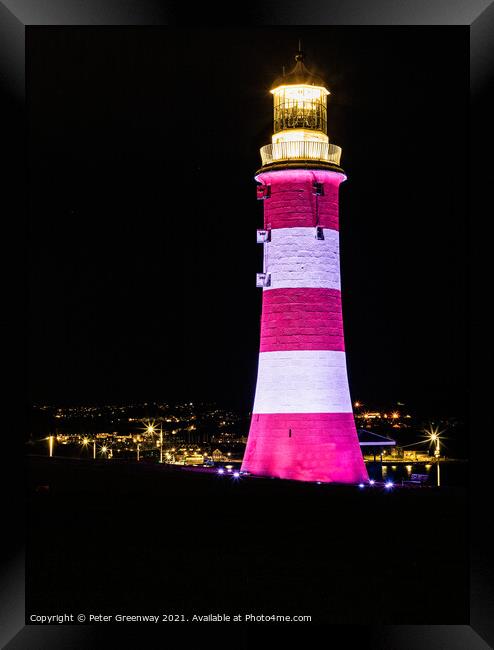 Smeaton's Tower Illuminated At Night On The Hoe, Plymouth Framed Print by Peter Greenway