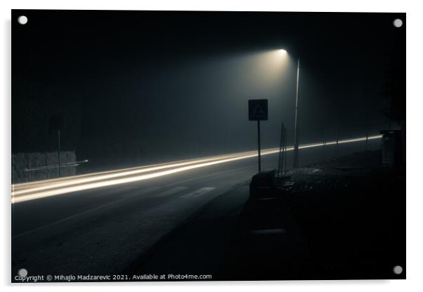Dark foggy city street at night with a light trail Acrylic by Mihajlo Madzarevic