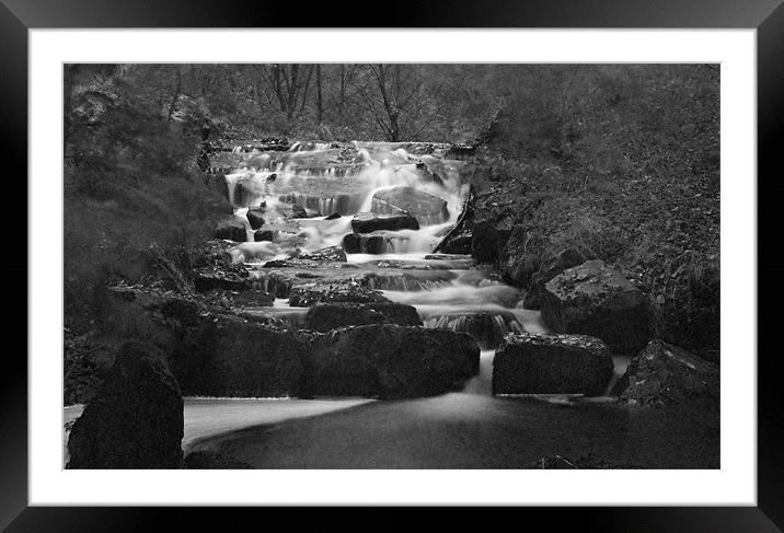 Waterfall In Black And White Framed Mounted Print by Steve Purnell