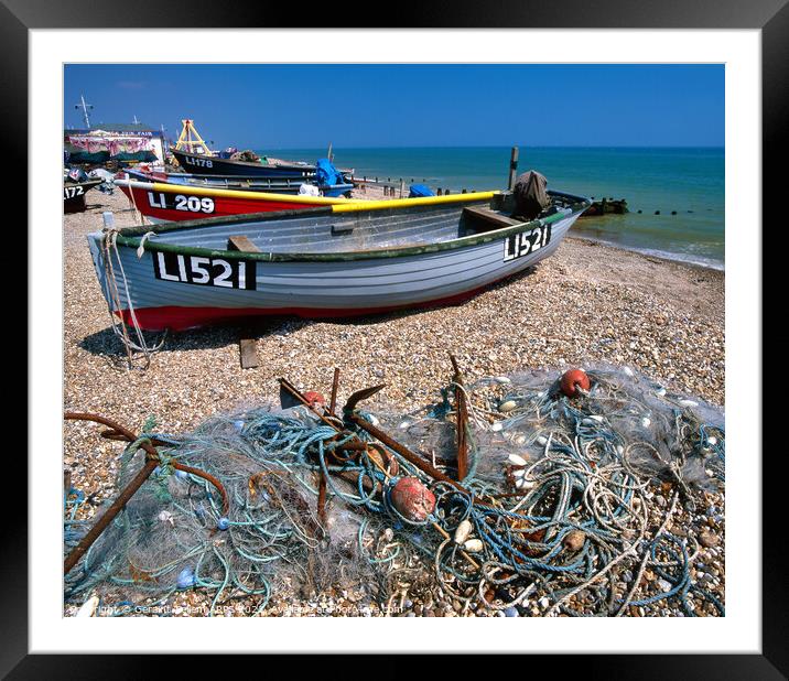 Boats and fishing tackle on beach, Bognor Regis, West Sussex, UK Framed Mounted Print by Geraint Tellem ARPS