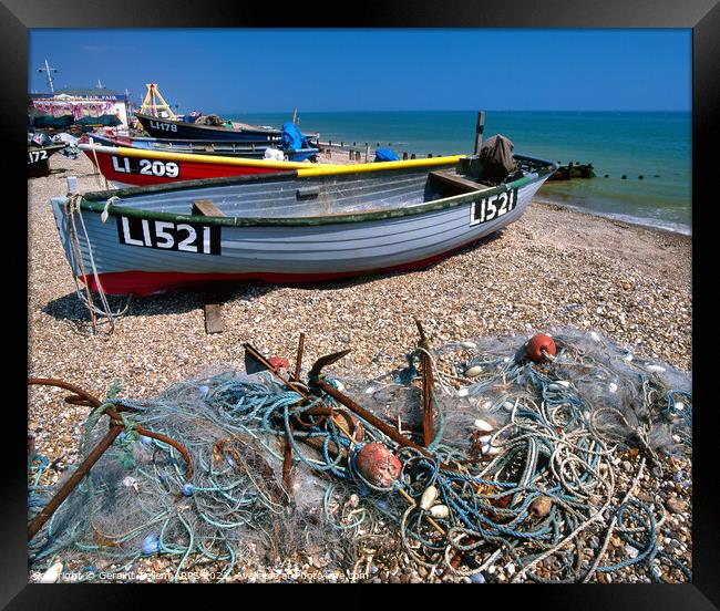 Boats and fishing tackle on beach, Bognor Regis, West Sussex, UK Framed Print by Geraint Tellem ARPS