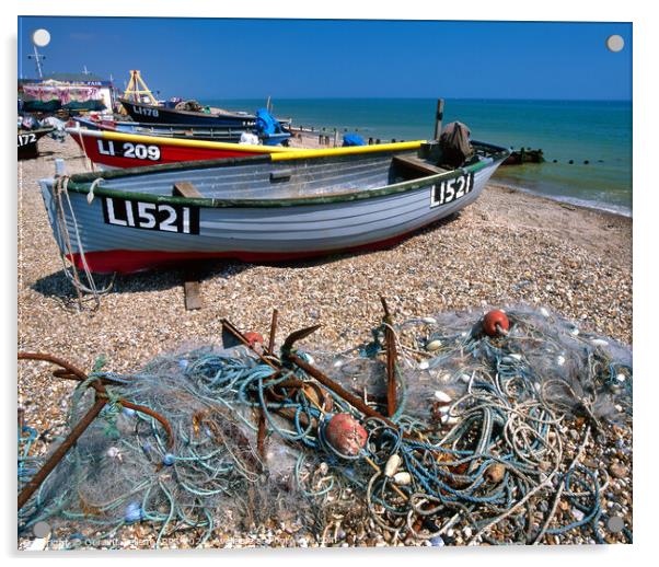 Boats and fishing tackle on beach, Bognor Regis, West Sussex, UK Acrylic by Geraint Tellem ARPS
