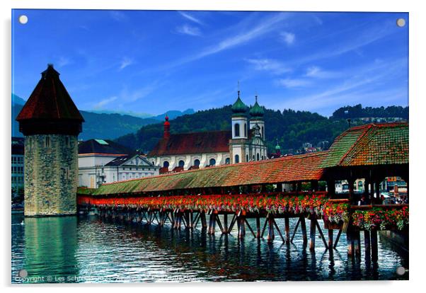 Chapel Bridge Lucerne  Acrylic by Les Schofield