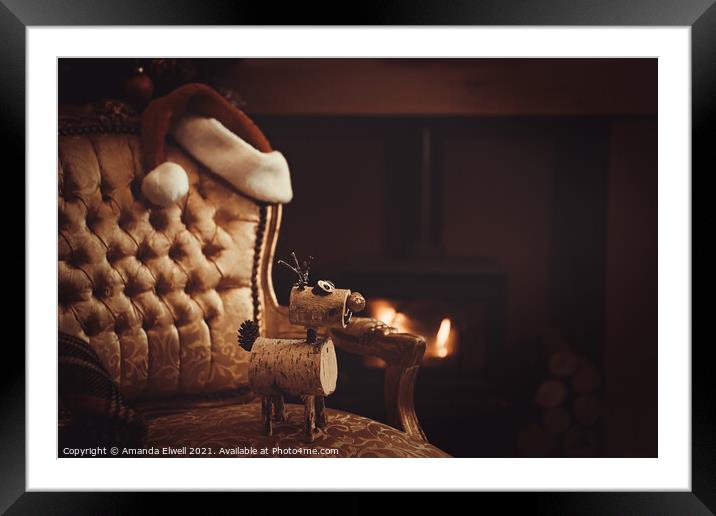 Festive Christmas By Roaring Log Fire Framed Mounted Print by Amanda Elwell