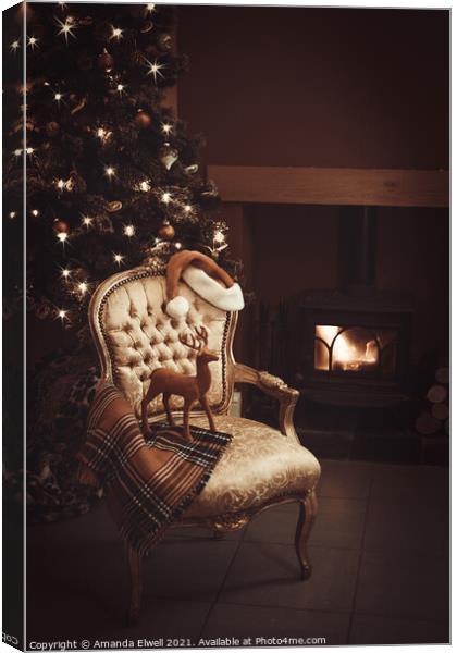 Christmas By A Roaring Log Fire Canvas Print by Amanda Elwell