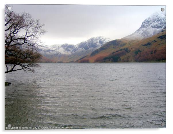 Snow Capped mountains at Buttermere Lake Acrylic by john hill
