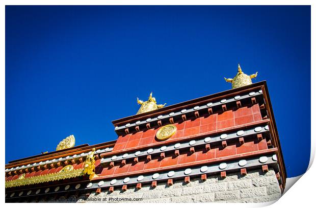 Tibetan Monastery and roof top decoration of Buddhism elements Print by Adelaide Lin
