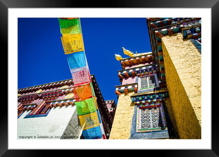 Colorful Tibetan monastery with prayer flags  Framed Mounted Print by Adelaide Lin